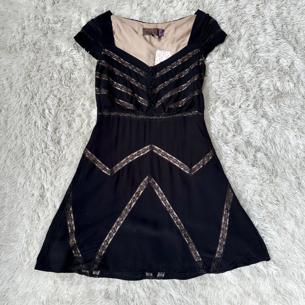 Free People Black Mini Dress with Nude Lining and Lace Trim Country